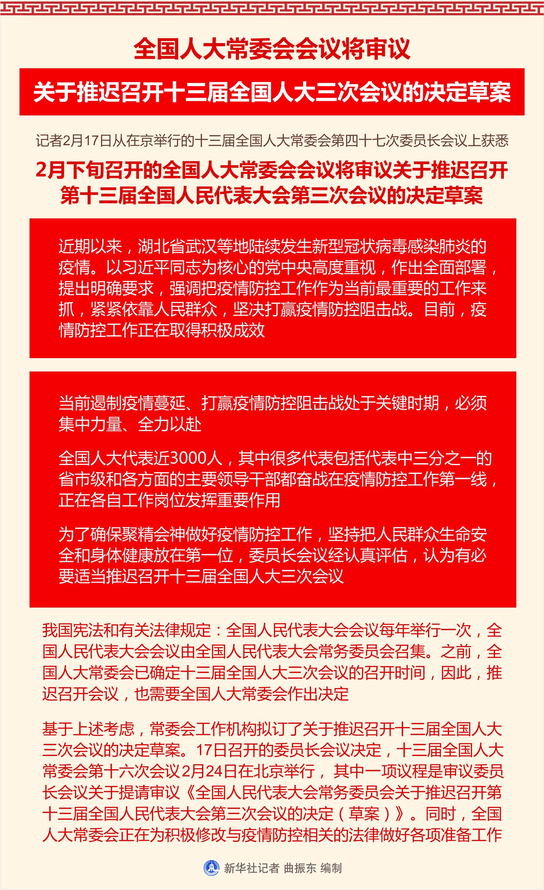 全國人大常委會(huì)會(huì)議將審議關(guān)于推遲召開十三屆全國人大三次會(huì)議的決定草案